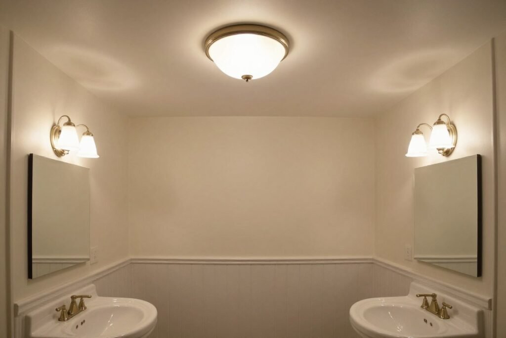 Bathroom with flush mount ceiling light providing ambient illumination