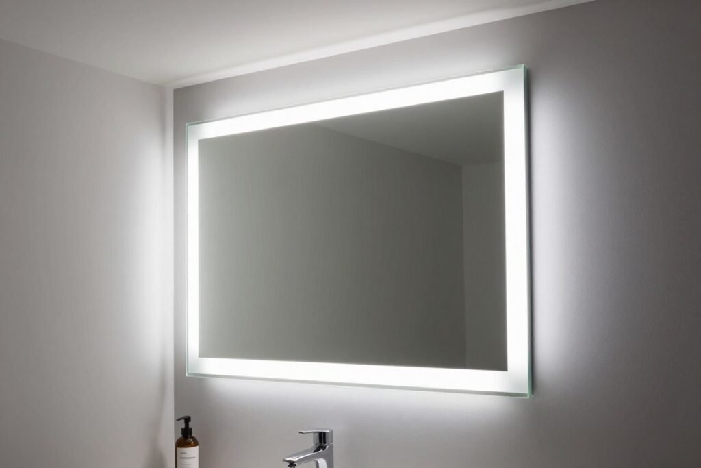 Bathroom with lighting mounted on mirror surface due to space constraints