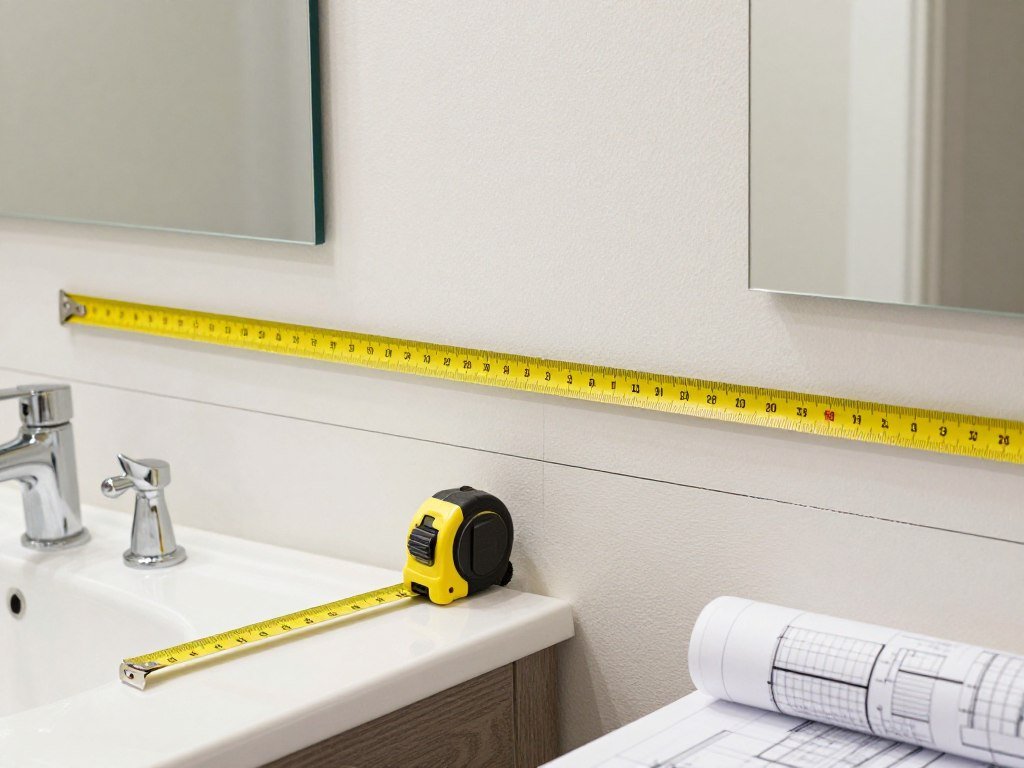 Bathroom with measuring tape showing dimensions for double vanity installation