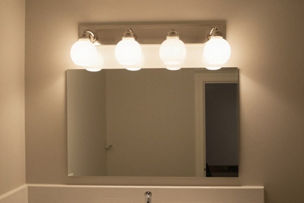 Bathroom with multi-light vanity fixture featuring glass globes