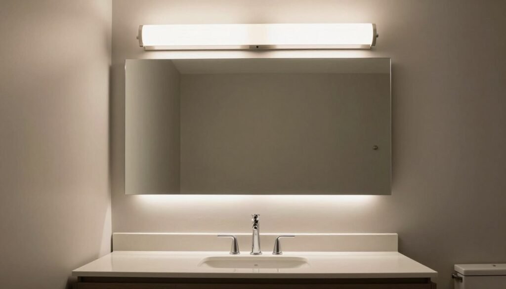 Bathroom with overhead vanity light bar mounted above a mirror