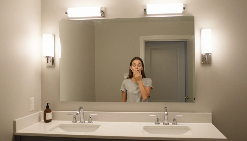 Bathroom with perfectly positioned vanity lights on both sides of a mirror