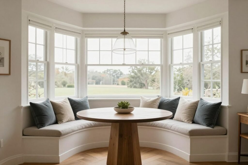 Bay window corner dining nook with curved seating