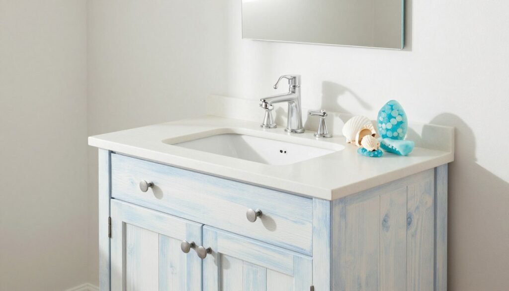 Beach-inspired bathroom vanity in weathered white finish with blue accents