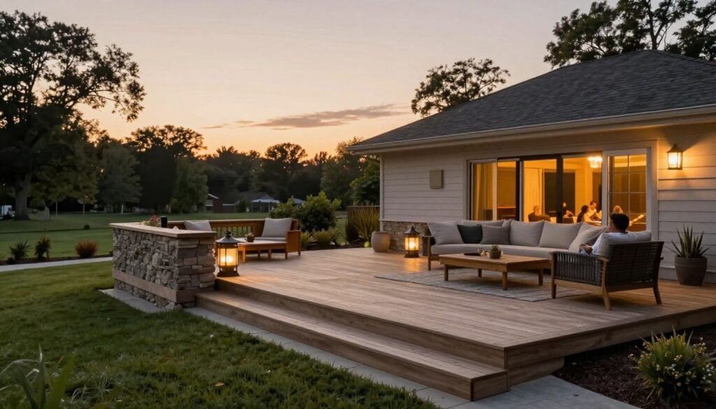 Beautiful backyard deck at sunset showing integrated design with landscaping and lighting