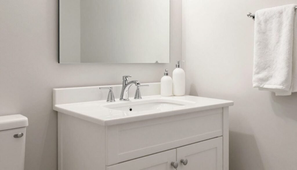 Beautiful bathroom featuring a white vanity as the centerpiece of a well-designed space