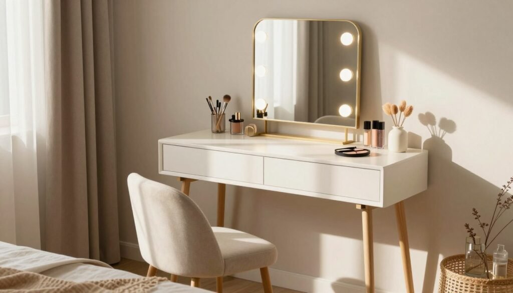Beautiful completed DIY makeup vanity in a bedroom setting Beautiful completed DIY makeup vanity in a bedroom setting
