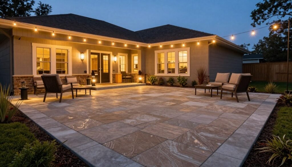 Beautiful completed stamped concrete patio with furniture and landscaping Beautiful completed stamped concrete patio with furniture and landscaping