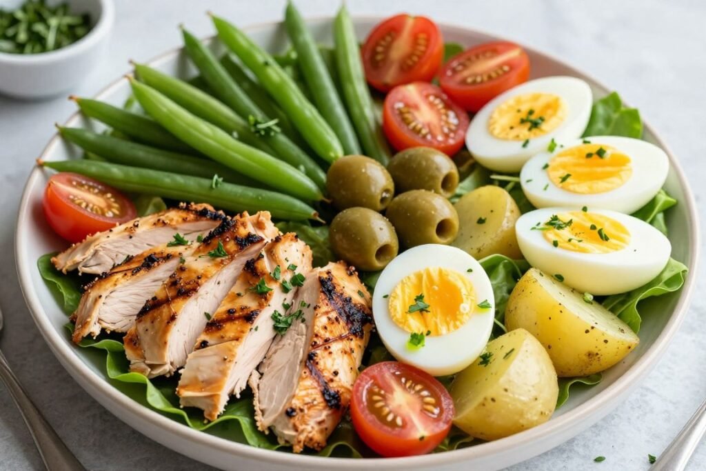Beautiful composed salad with grilled chicken, fresh vegetables, and herbs served on a platter