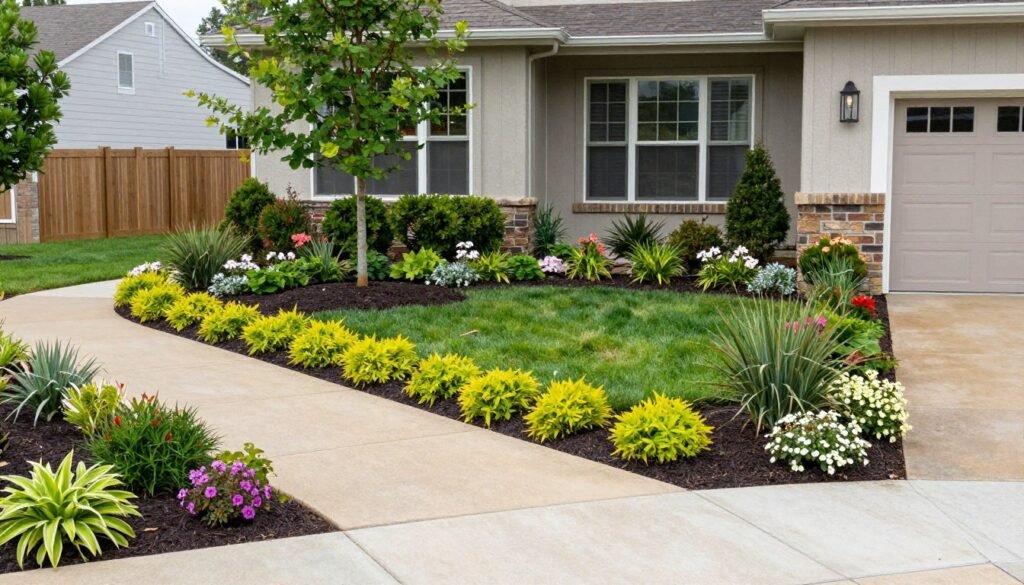Beautiful front yard landscape with mature plants, pathways, and cohesive design elements