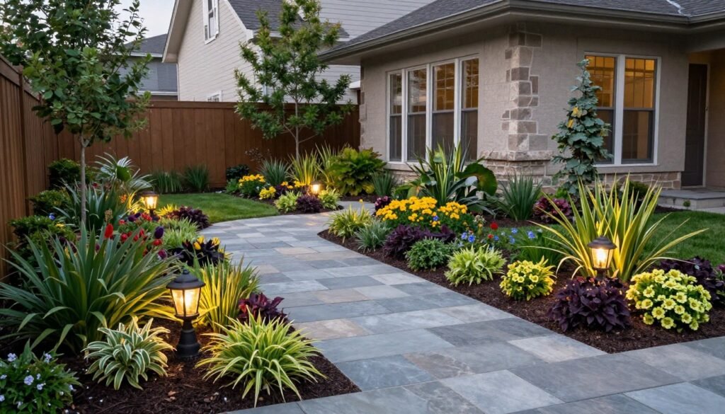 Beautiful front yard landscape with mixed elements including walkway, garden beds, and lighting