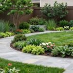 Beautiful front yard landscaping design layout with layered plants and curved walkway
