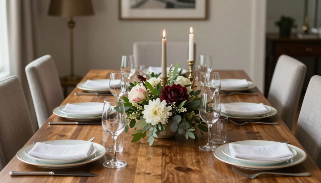 Beautiful long dining table with a perfectly balanced centerpiece that incorporates multiple design principles