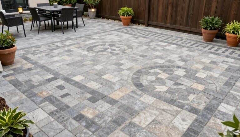 Beautiful modern patio pavers design with furniture and landscaping