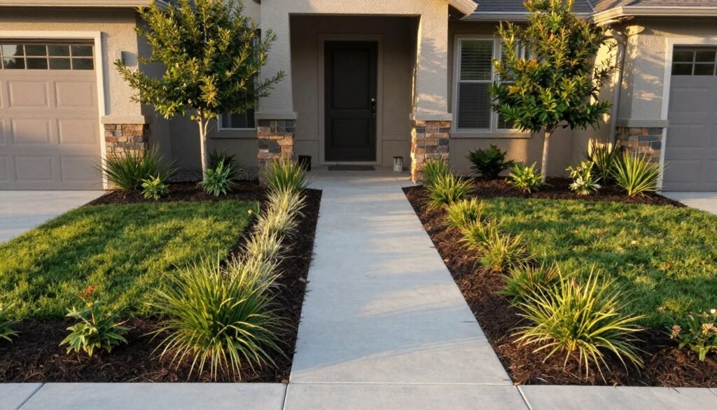 Beautiful simple front yard landscape with balanced design and low-maintenance features