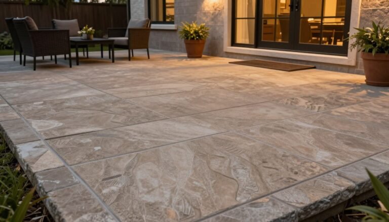 Beautiful stamped concrete patio with furniture resembling natural stone with warm earth tones