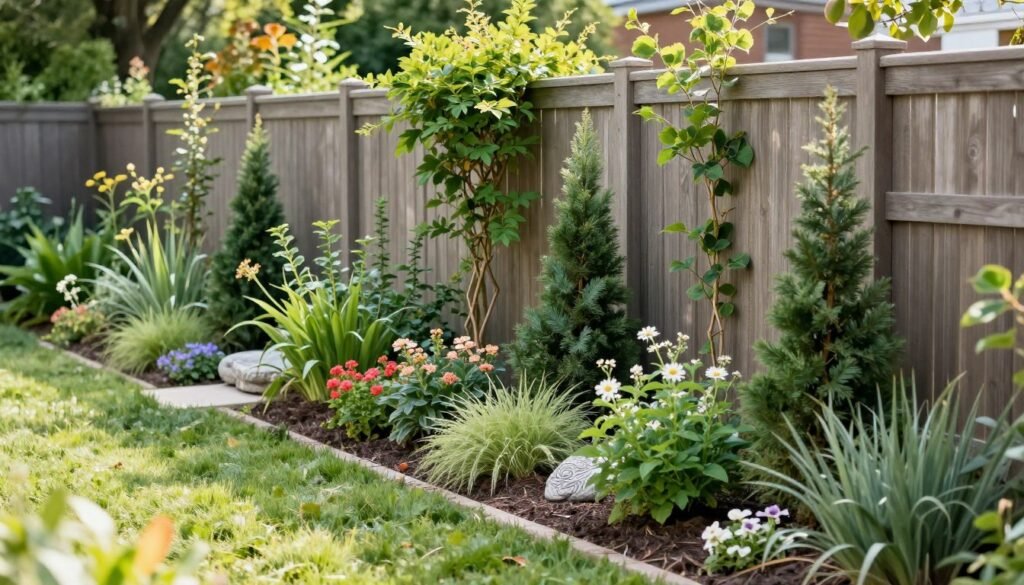 Beautiful transformed fence line garden with mixed plantings, decorative elements, and seasonal color