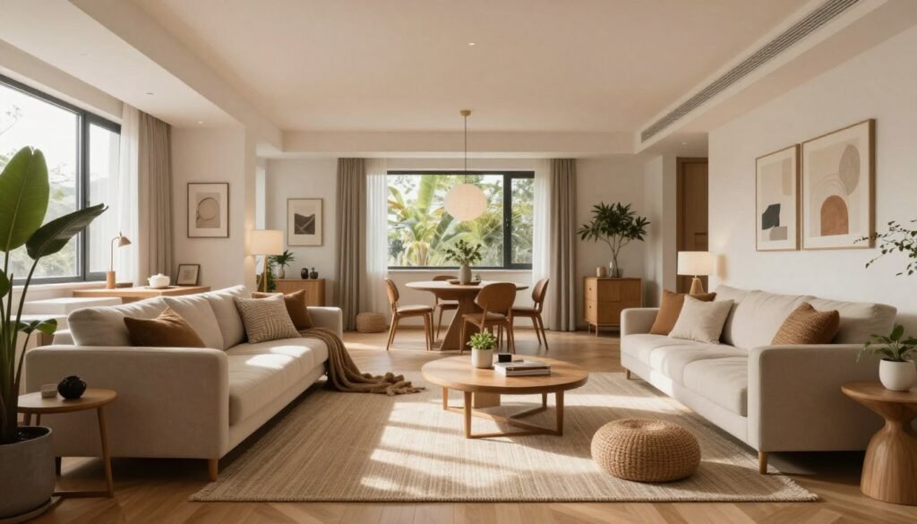 Beautiful, well-designed open layout living room dining room showcasing all the principles discussed in the article