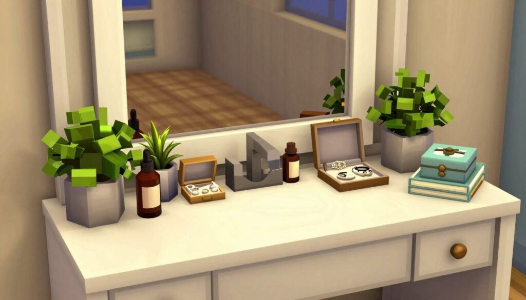 Beautifully accessorized Bloxburg vanity with decorative items Beautifully accessorized Bloxburg vanity with decorative items