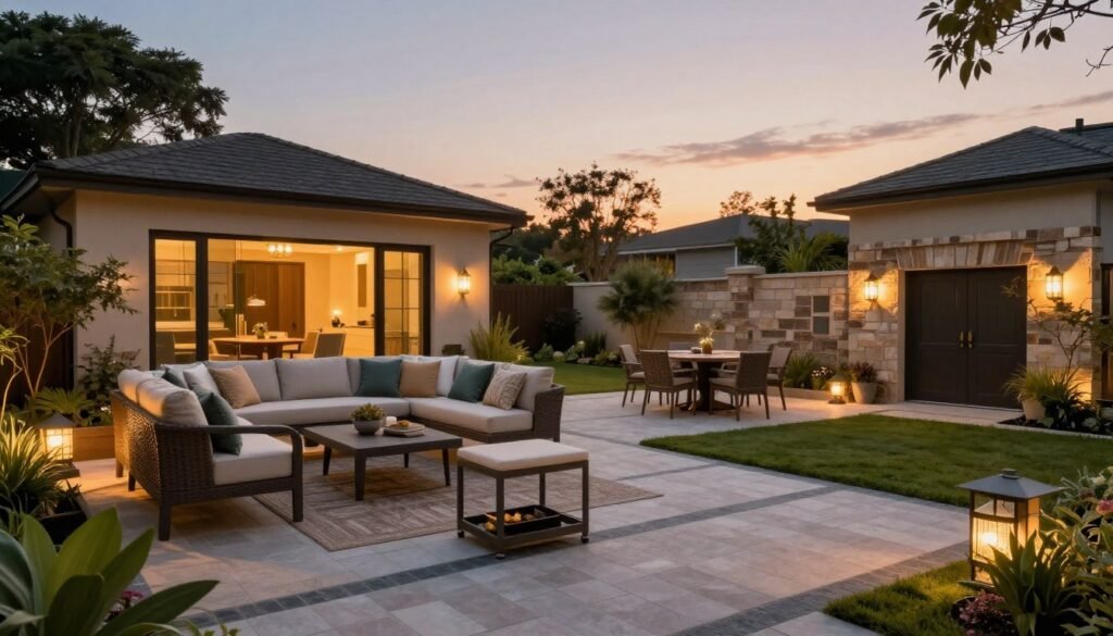 Beautifully decorated backyard at sunset with multiple zones for relaxing and entertaining Beautifully decorated backyard at sunset with multiple zones for relaxing and entertaining