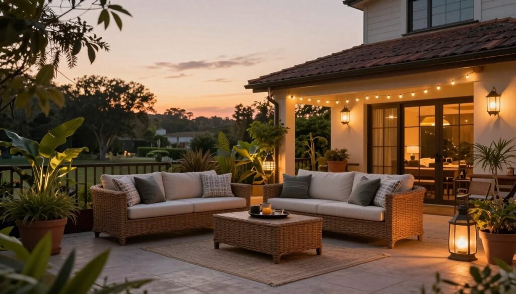 Beautifully decorated patio with comfortable seating, plants, and ambient lighting