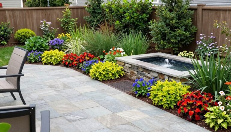 Beautifully designed backyard landscape with multiple zones including a patio, garden beds, and water feature