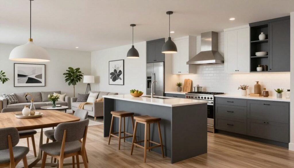 Beautifully designed open concept kitchen dining living room with perfect balance of function and style