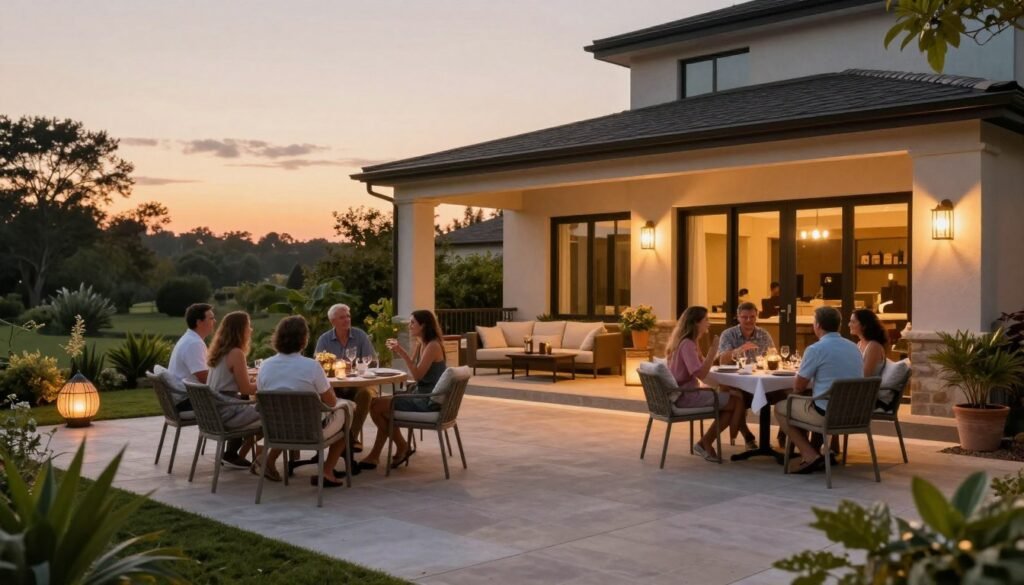 Beautifully designed patio at sunset with people enjoying the space Beautifully designed patio at sunset with people enjoying the space