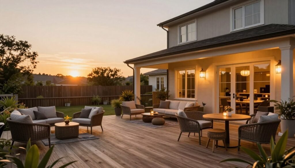 Beautifully finished under deck patio at sunset showing transformation from unused space to stylish outdoor living area with comfortable furniture and ambient lighting