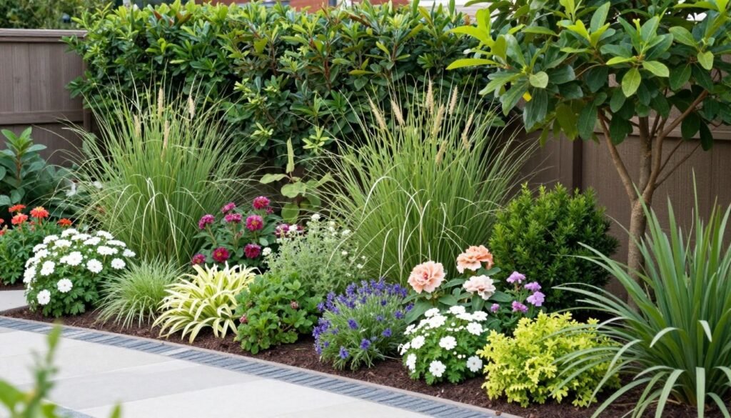 Beautifully landscaped dream backyard with diverse plants and garden features