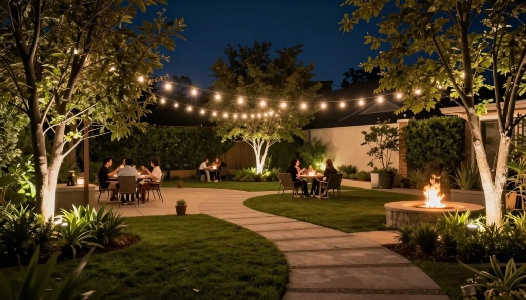 Beautifully lit backyard at night combining multiple lighting techniques