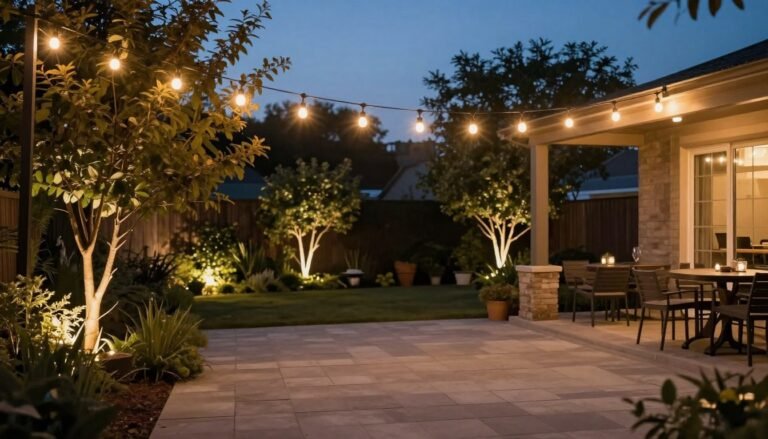 Beautifully lit backyard with string lights and pathway lighting creating a warm ambiance