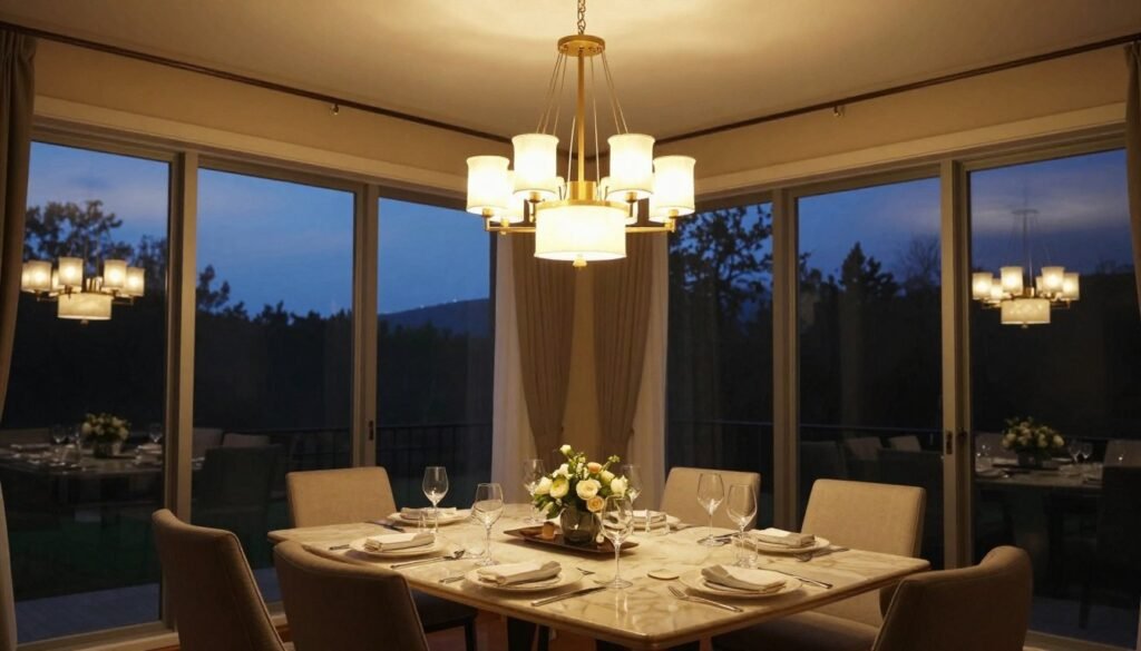 Beautifully lit dining room at dusk with a stunning light fixture creating a warm, inviting atmosphere for gathering