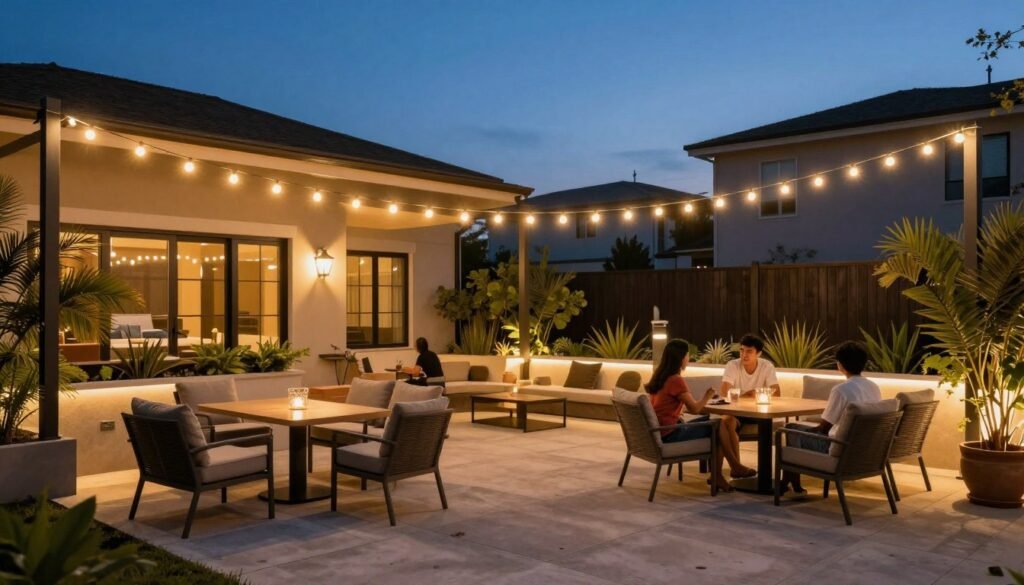 Beautifully lit patio at dusk with string lights creating a magical atmosphere
