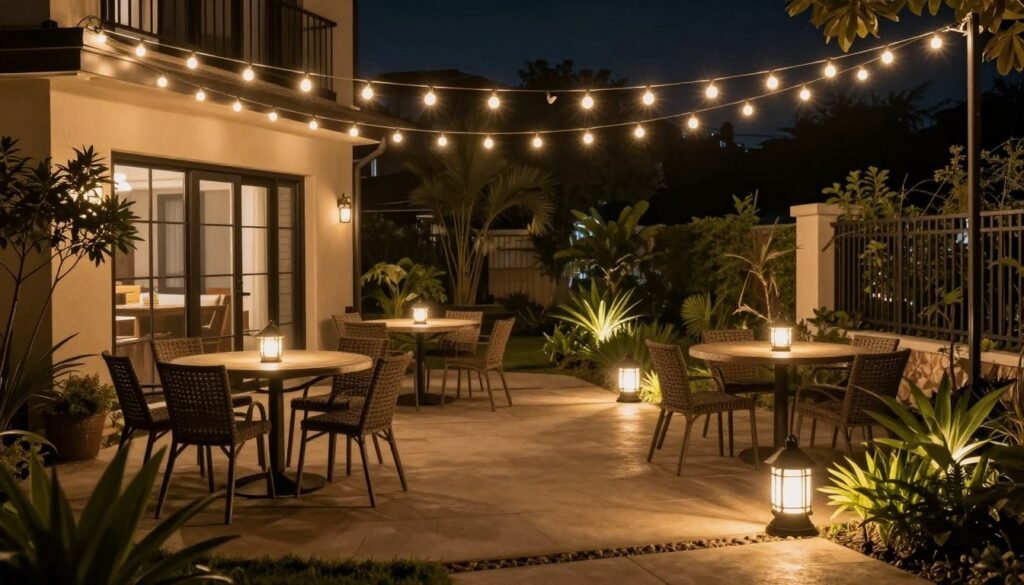 Beautifully lit patio at night with multiple lighting elements creating a magical atmosphere