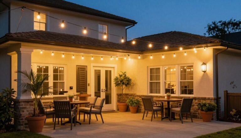 Beautifully lit patio with string lights creating a magical ambiance at dusk