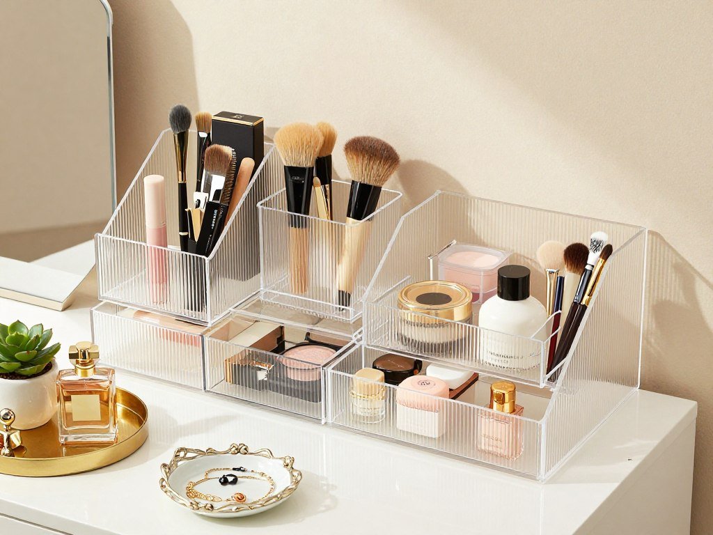 Beautifully organized makeup vanity with acrylic organizers and decorative elements Beautifully organized makeup vanity with acrylic organizers and decorative elements