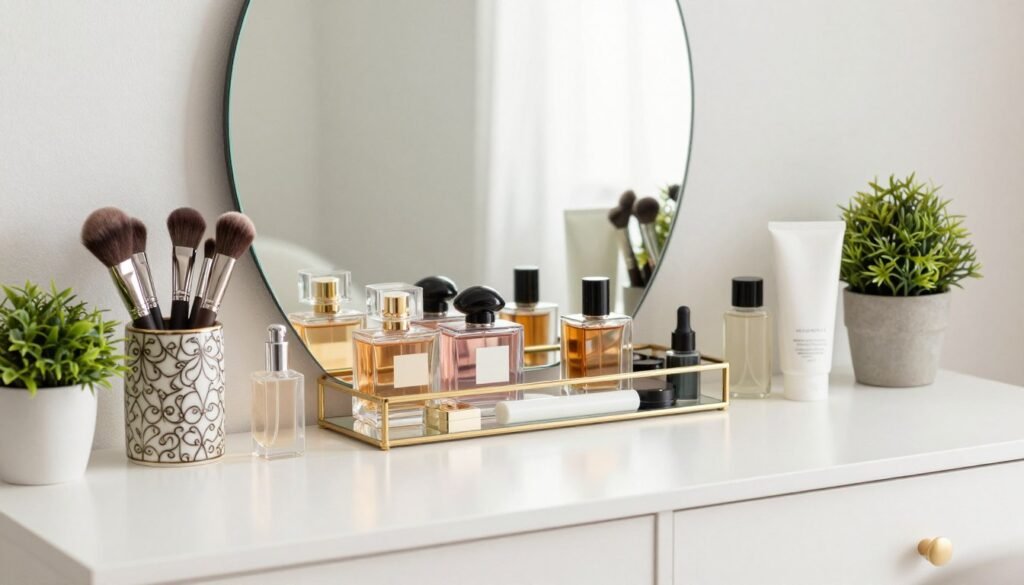 Beautifully styled DIY vanity with organized accessories