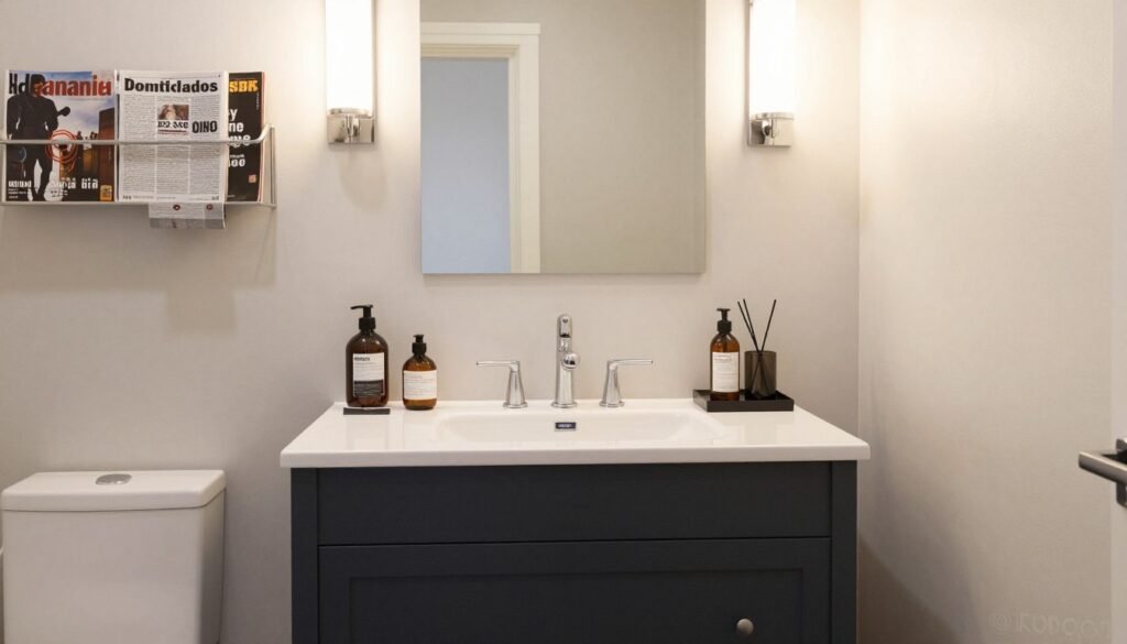 Beautifully styled bathroom featuring an IKEA vanity with perfect accessories and styling