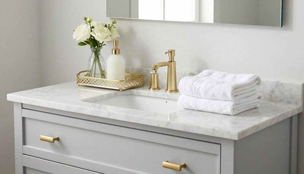 Beautifully styled bathroom vanity with decorative accessories and fresh flowers