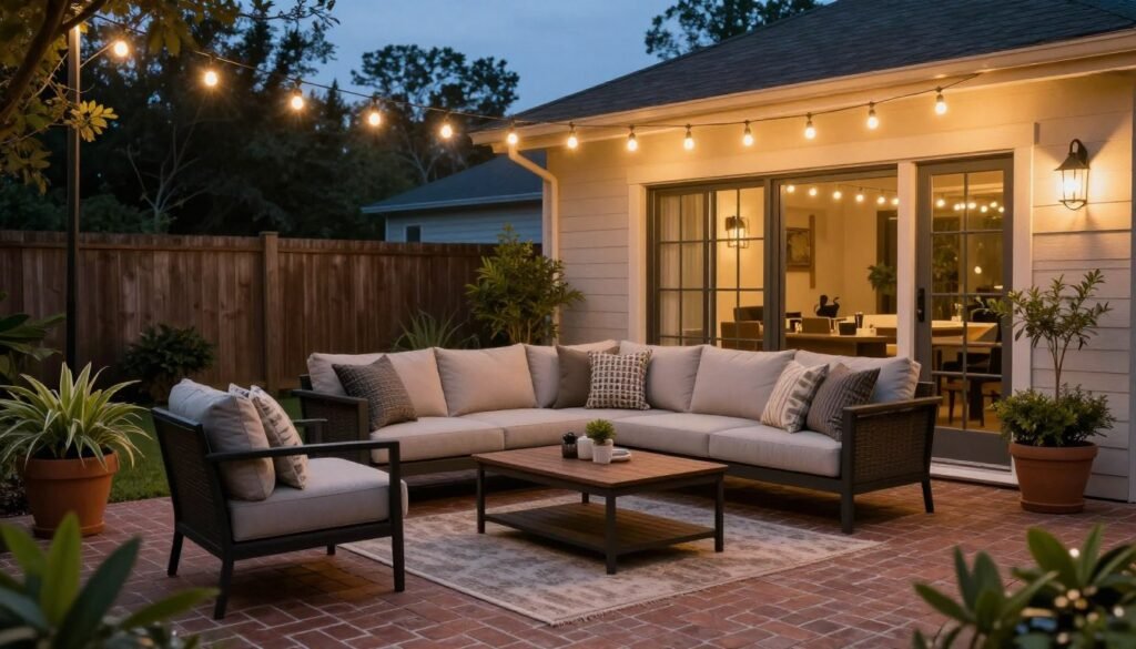 Beautifully styled brick patio with outdoor furniture, string lights, and potted plants