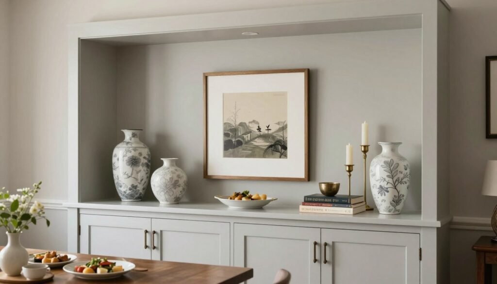 Beautifully styled built in buffet dining room with balanced arrangement of decorative items and practical pieces