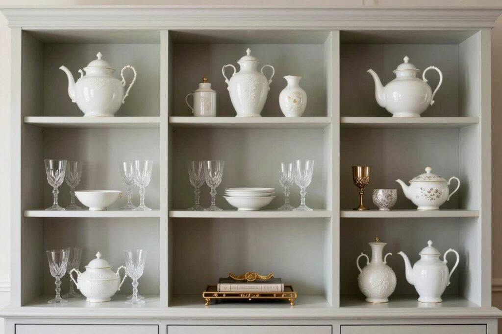 Beautifully styled built-in hutch dining room with curated displays