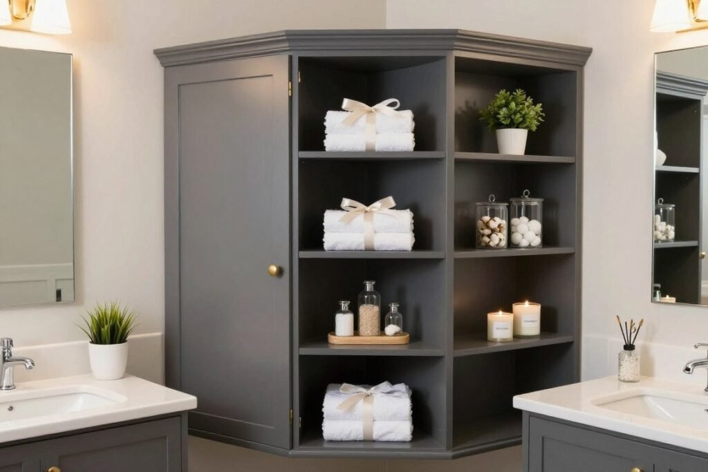 Beautifully styled center tower with decorative and functional items