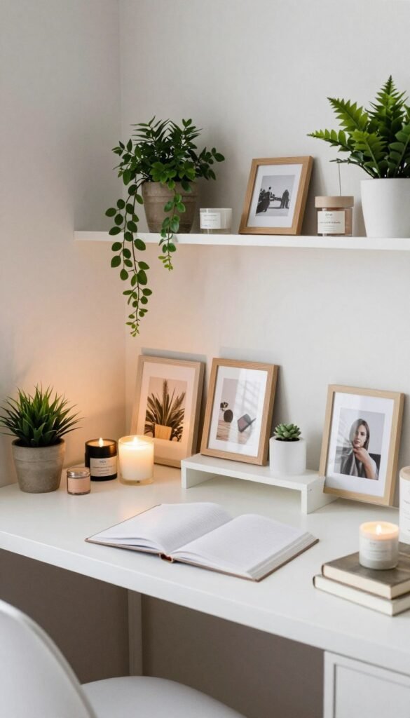 Beautifully styled desk and vanity combo with personal touches, plants, and layered lighting