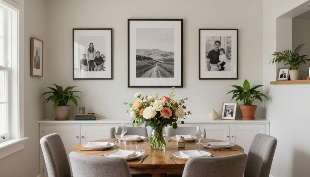 Beautifully styled dining nook with centerpiece, wall art, plants, and personal touches creating a cohesive, inviting atmosphere