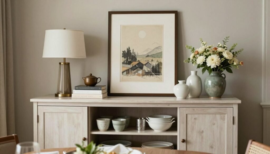 Beautifully styled dining room built in buffet with decorative objects and practical storage