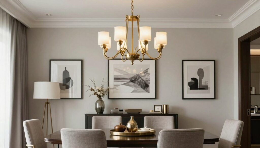 Beautifully styled dining room with chandelier as focal point