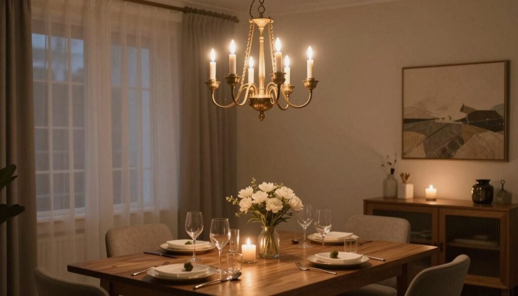 Beautifully styled dining room with perfect chandelier creating warm ambiance during dinner