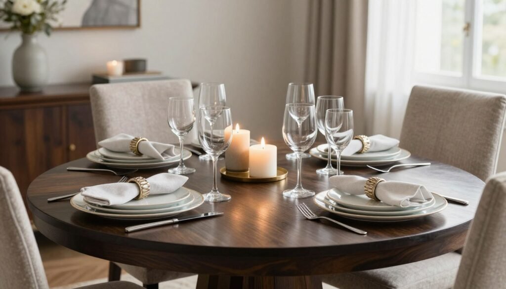 Beautifully styled dining table with centerpiece, place settings, and coordinated linens